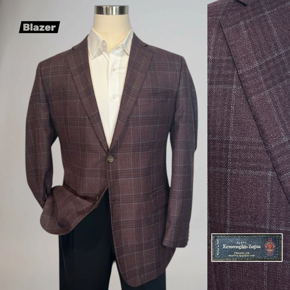Ermenegildo Zegna Traveller Australian Wool Heathered Merlot Burgundy Plaid 44L